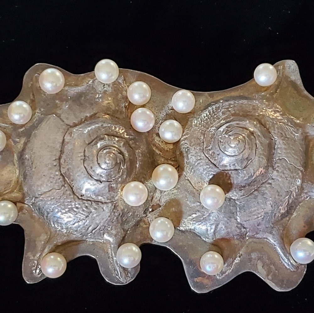Large Sterling Silver and Pearl Double Nautilus Brooch Handmade Artisan Tested